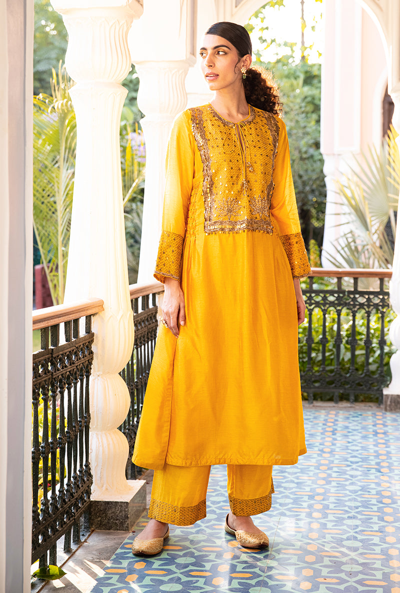 Mustard Lotus Yoke Heavy Neck Sunehri Kurta Set