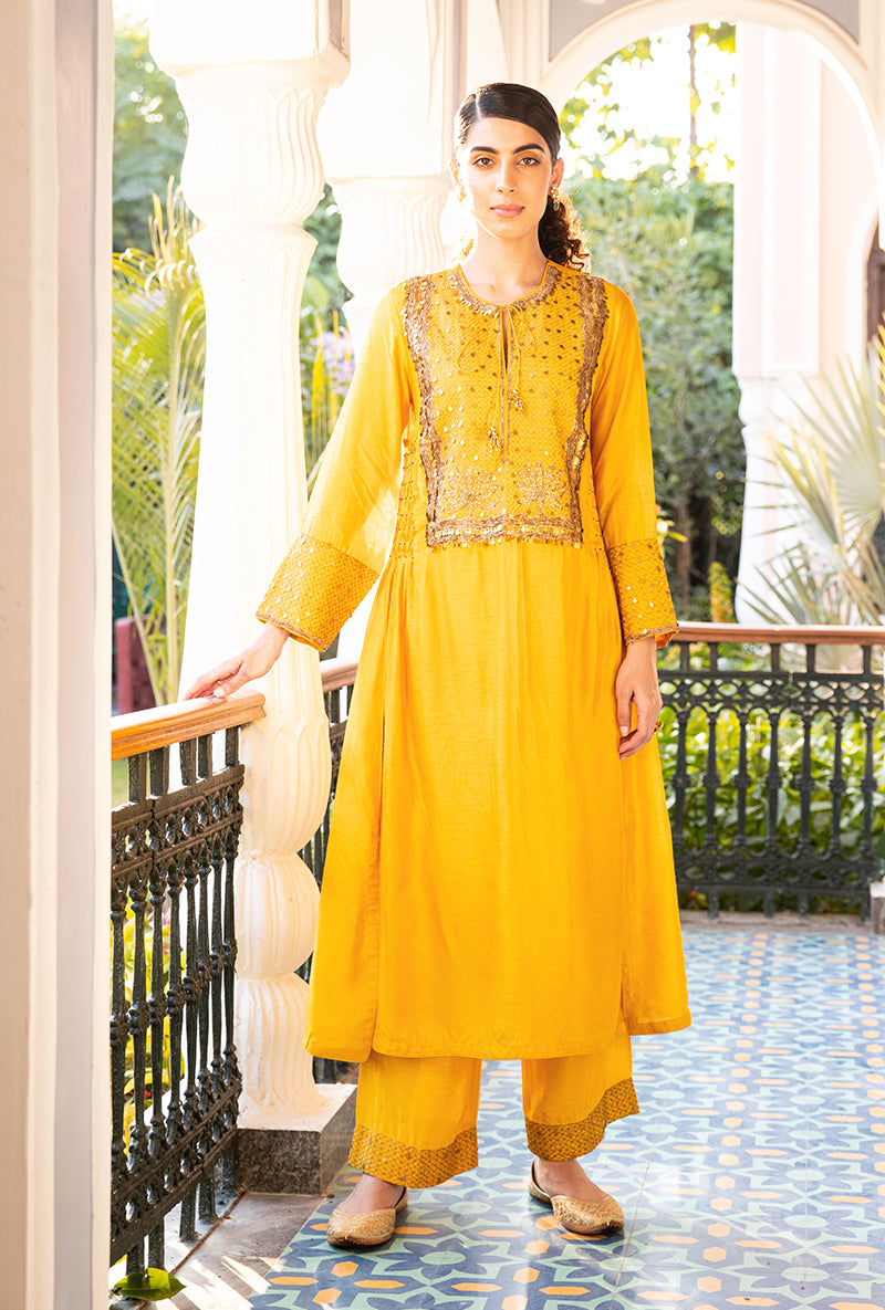 Mustard Lotus Yoke Heavy Neck Sunehri Kurta Set