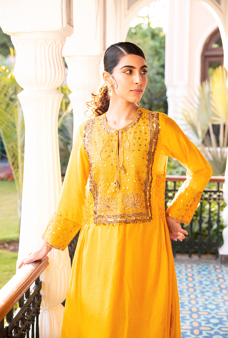 Mustard Lotus Yoke Heavy Neck Sunehri Kurta Set