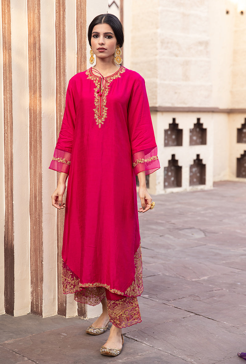 Buy Rani Pink Embroidered Kurta With Palazzos And Dupatta Online - Aurelia