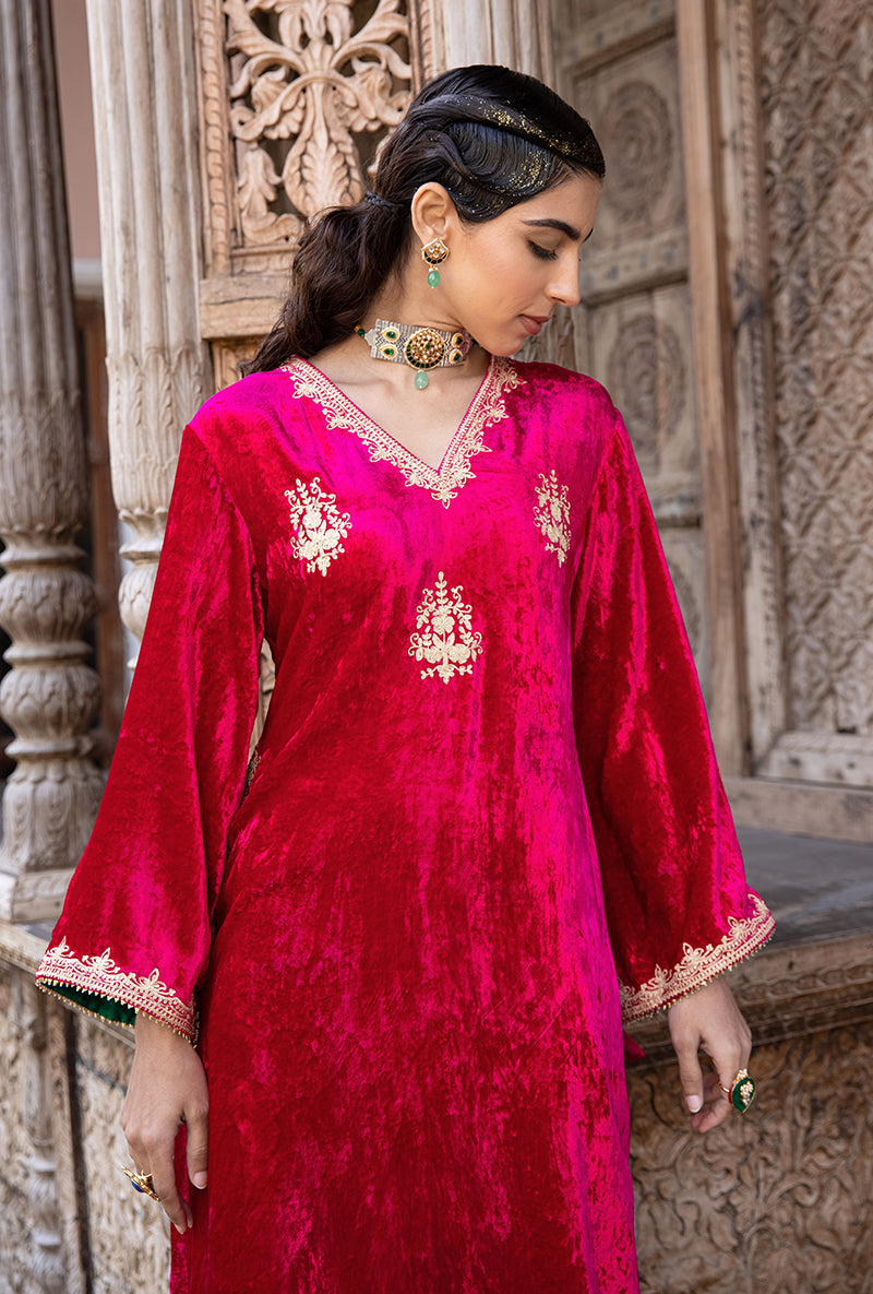 Rani Pink Velvet V Neckline Kurta Set