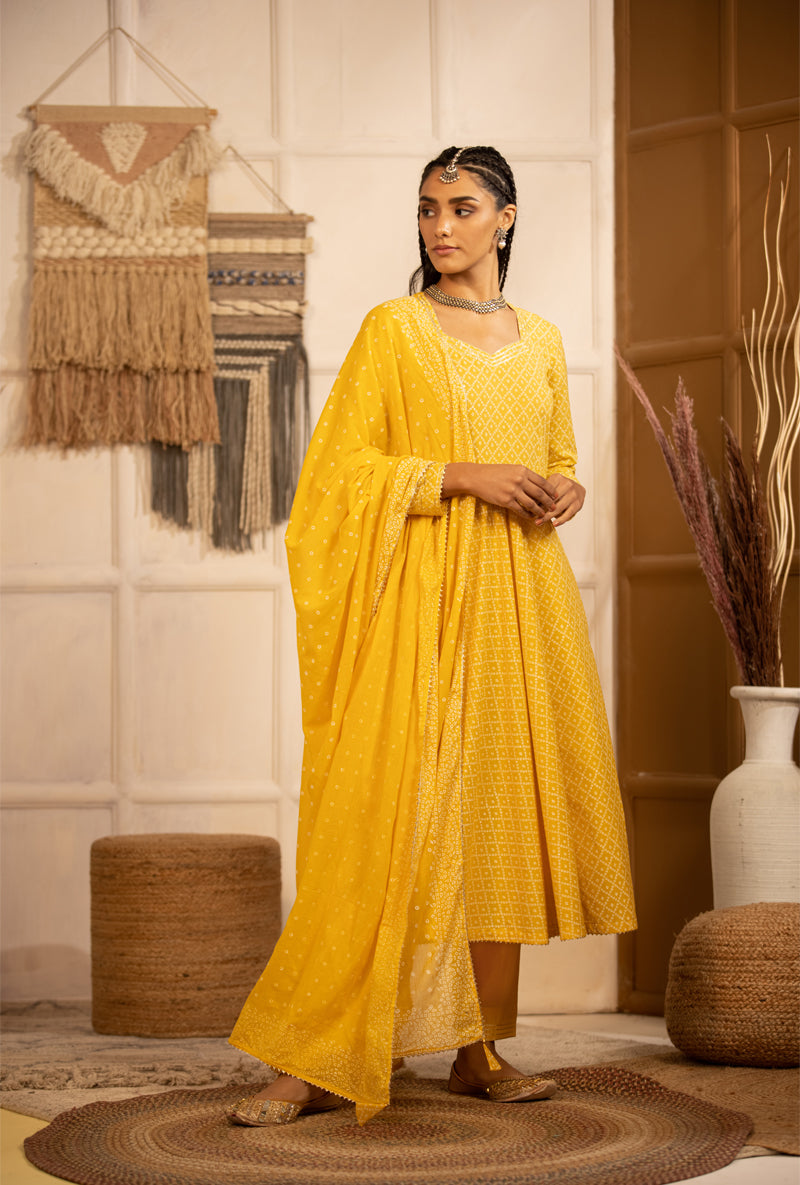 Yellow Bandhej Anarkali Kurta Set