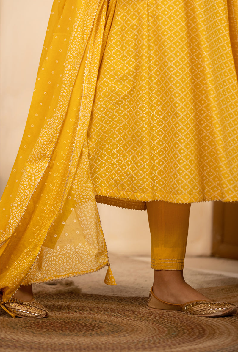 Yellow Bandhej Anarkali Kurta Set