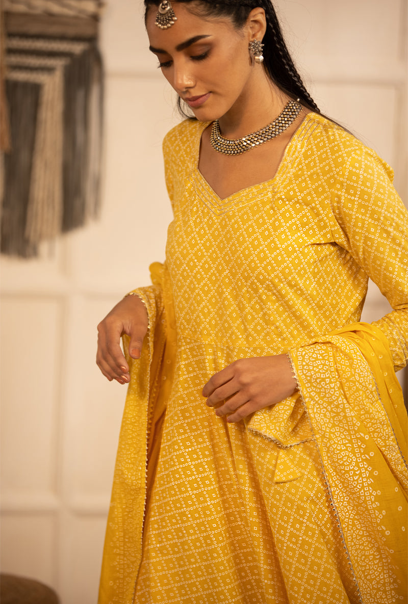 Yellow Bandhej Anarkali Kurta Set