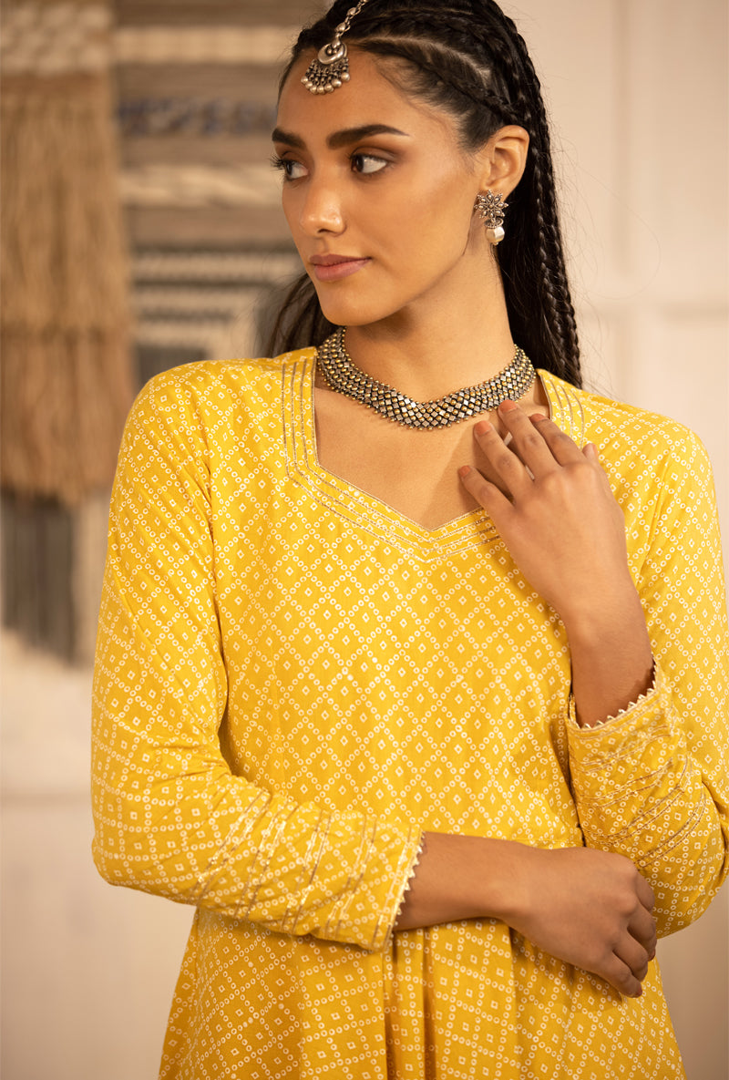 Yellow Bandhej Anarkali Kurta Set