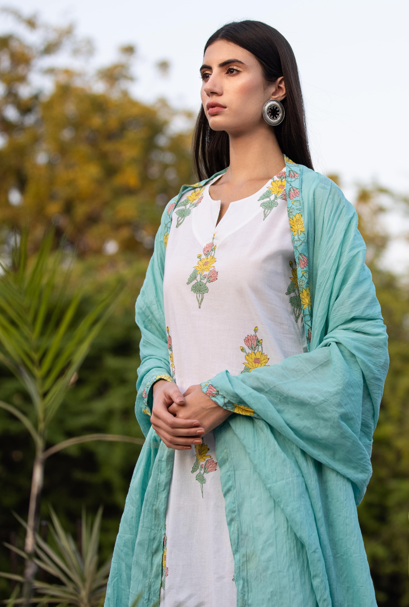 Ivory/Aqua Pankhuri Salwar Kurta Set