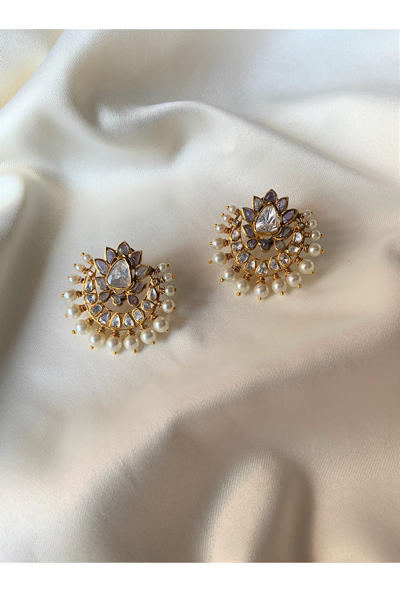 Polki & Blue Sapphire Gold Plated Silver Ear Studs With Pearls