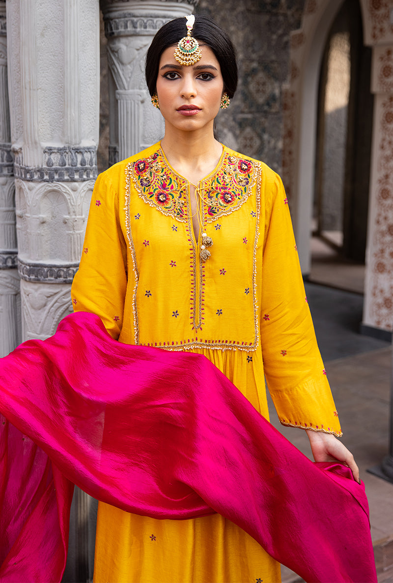 Mustard Floral Zardozi Ulfat Kurta Set