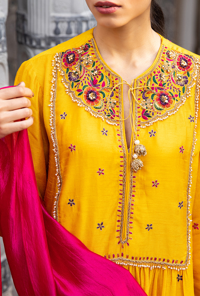 Mustard Floral Zardozi Ulfat Kurta Set