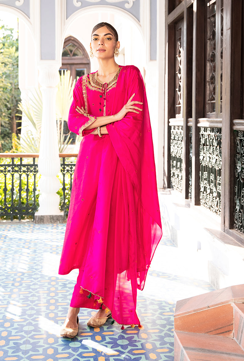 Pink Colorful Coin Square Neck Sunehri Kurta Set