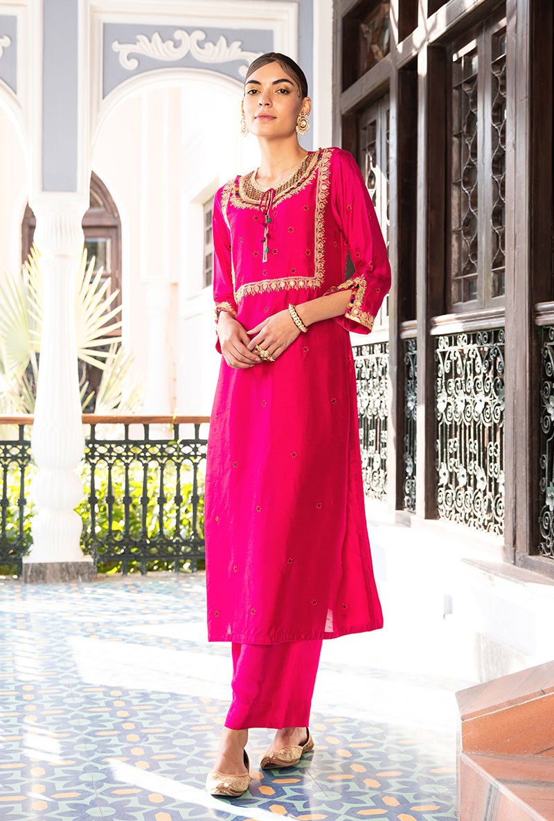 Pink Colorful Coin Square Neck Sunehri Kurta Set
