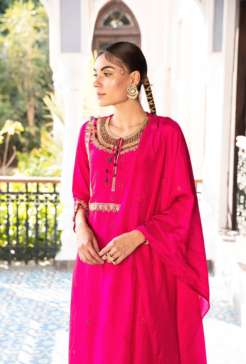 Pink Colorful Coin Square Neck Sunehri Kurta Set