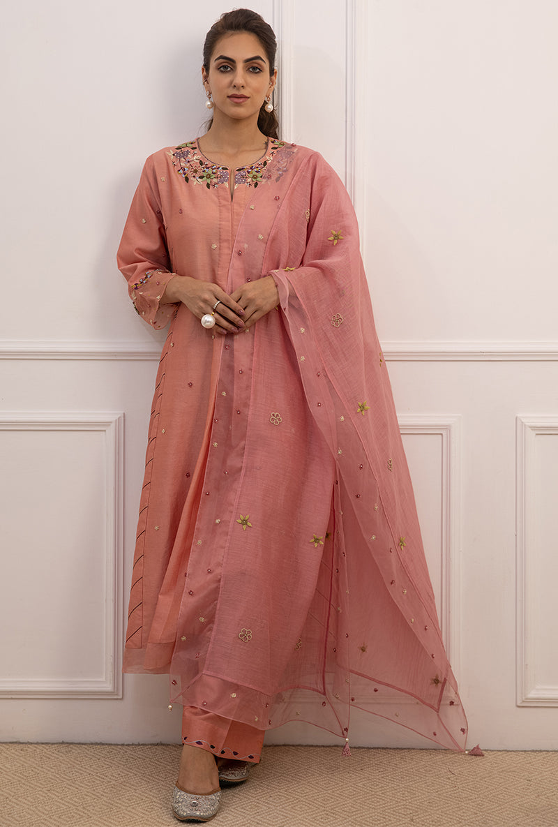 Pink French Knot Side Stripe Suhaani Kurta Set