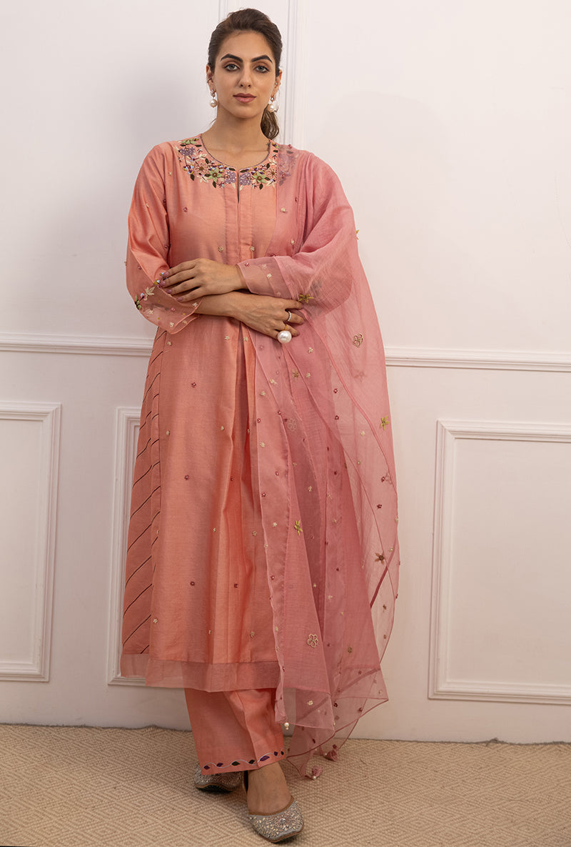 Pink French Knot Side Stripe Suhaani Kurta Set