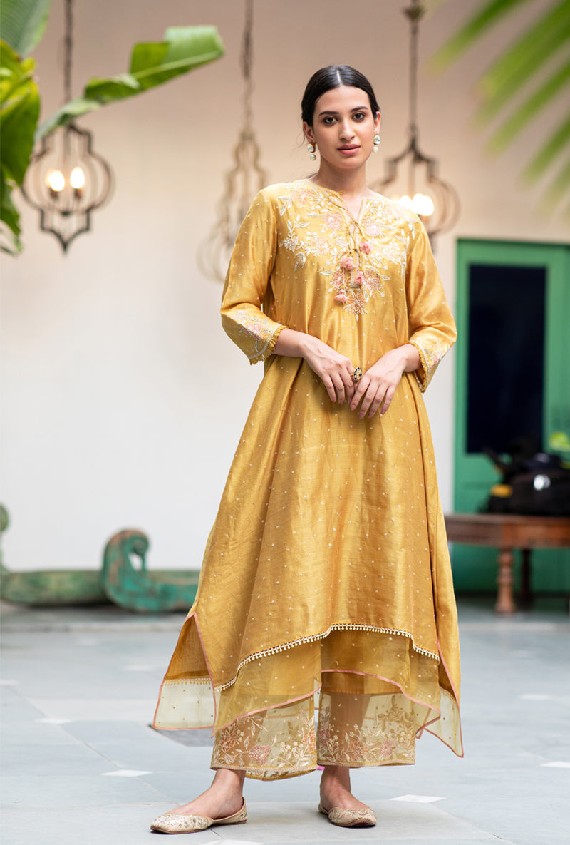 Yellow Applique Layered Nazam Kurta Set