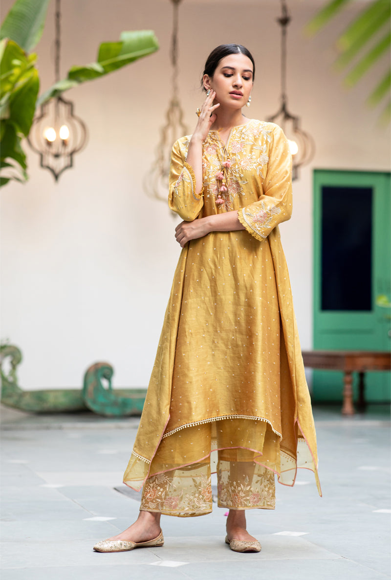 Yellow Applique Layered Nazam Kurta Set