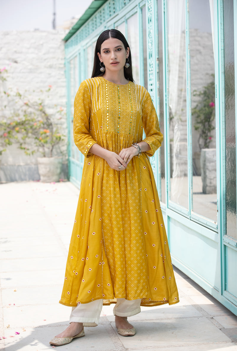 Yellow Mirror Yoke Nura Kurta Set