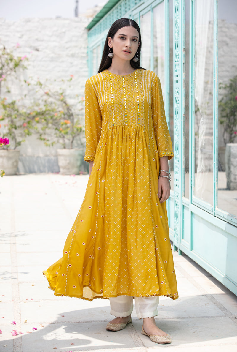 Yellow Mirror Yoke Nura Kurta Set