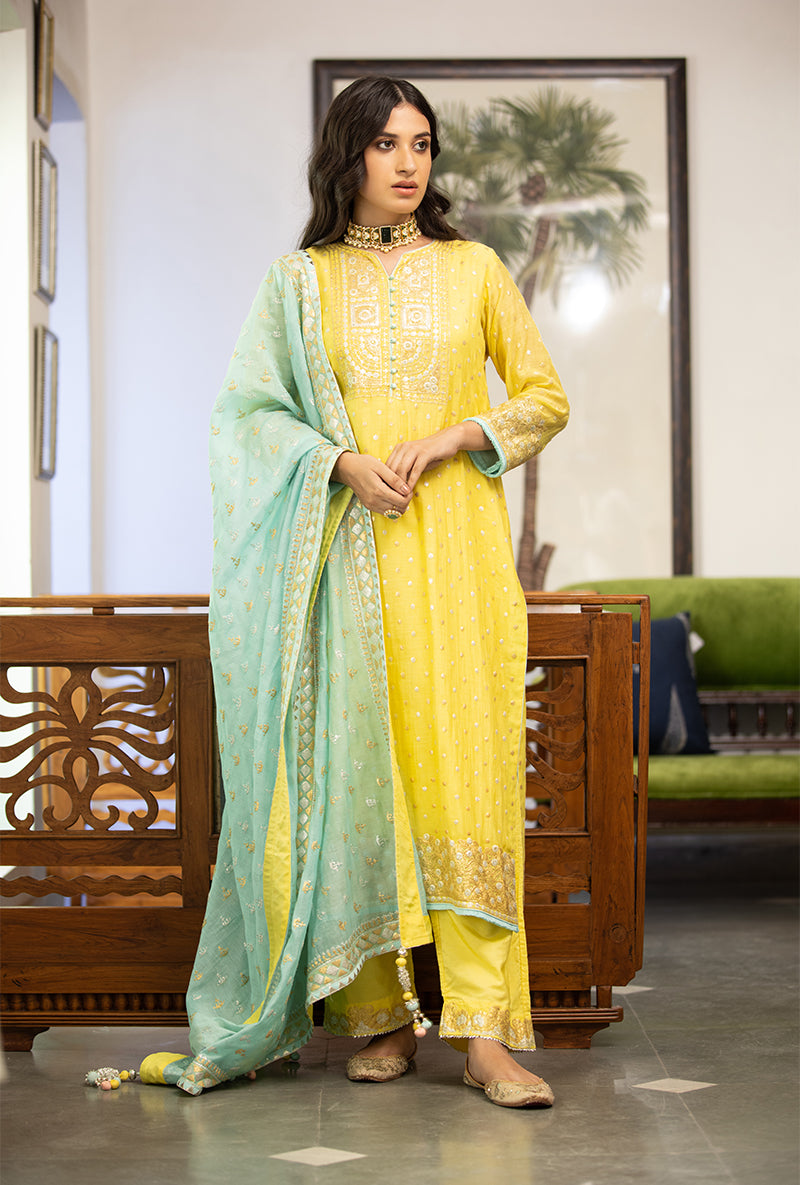 Yellow And Aqua Zari Square Yoke Mastaani Kurta Set