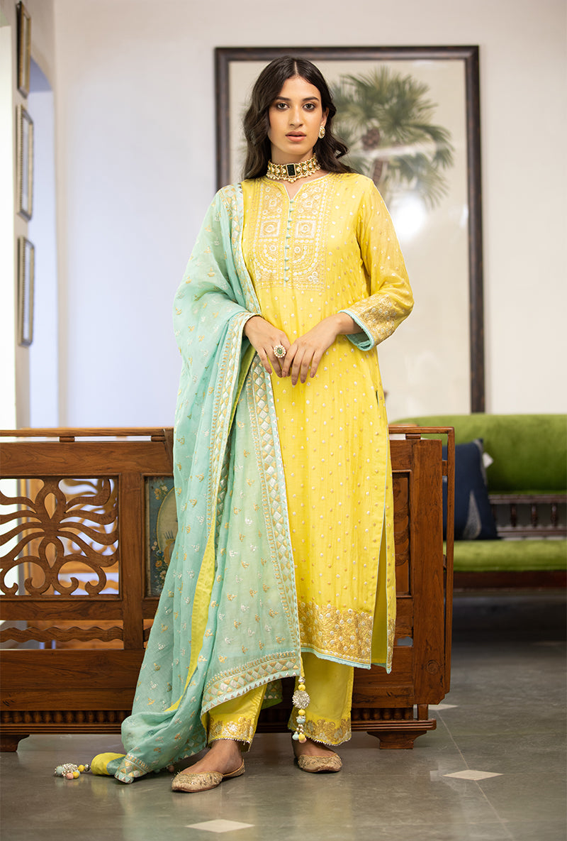 Yellow And Aqua Zari Square Yoke Mastaani Kurta Set