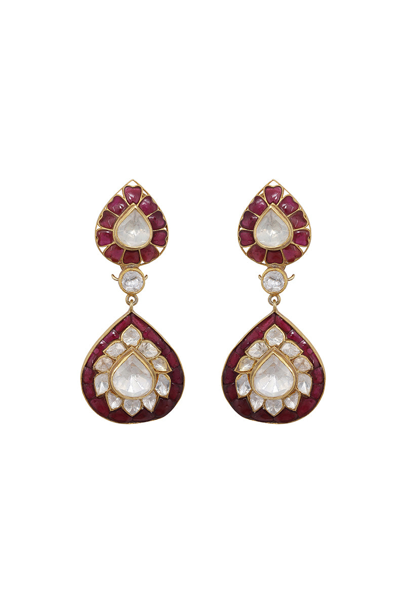 Red Gold Plated Silver Pear Shape Polki Earrings