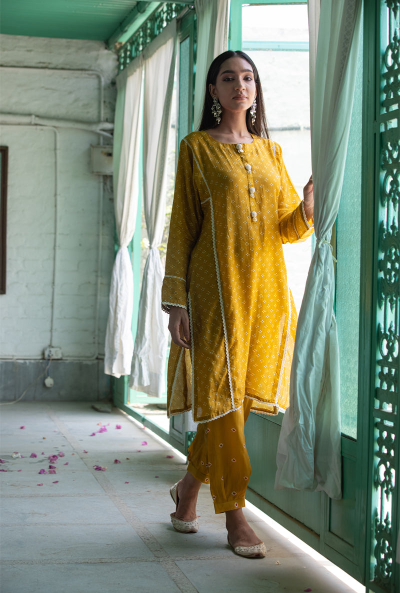 Mustard Yellow Short Kurta With Pleated Salwar Nura Kurta Set