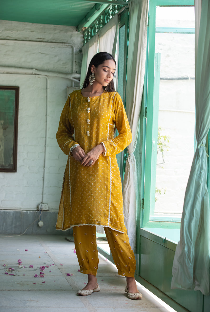 Mustard Yellow Short Kurta With Pleated Salwar Nura Kurta Set