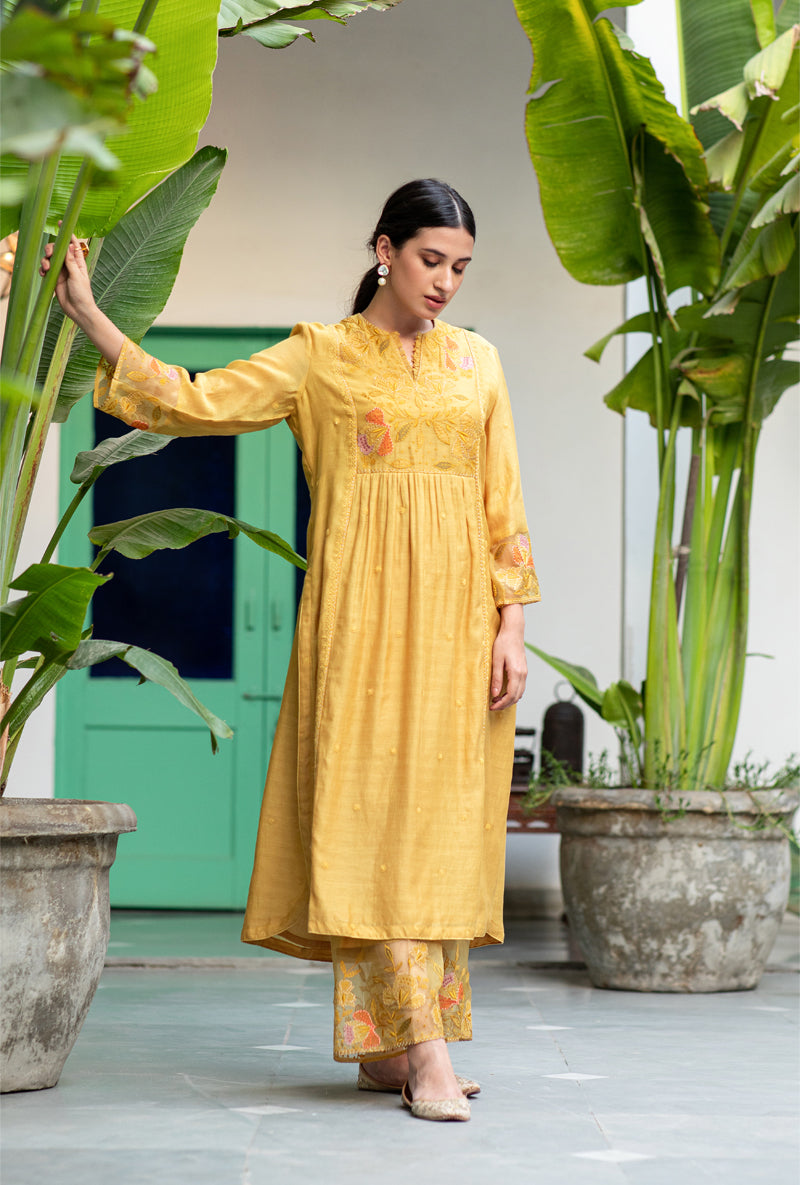 Yellow Applique Yoke Nazam Kurta Set