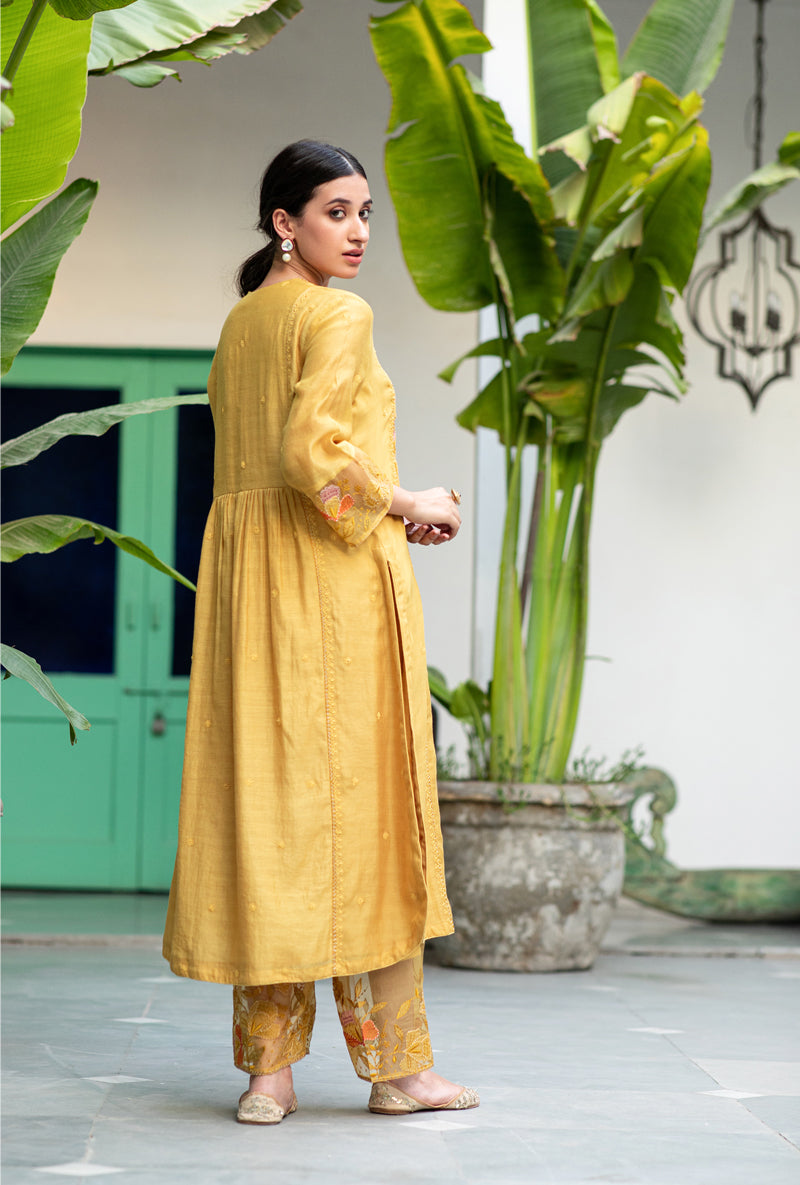 Yellow Applique Yoke Nazam Kurta Set