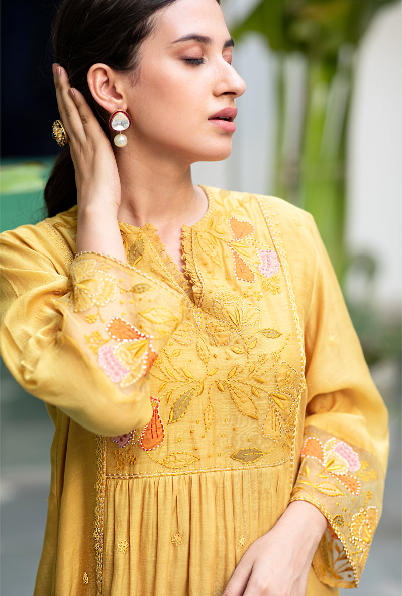 Yellow Applique Yoke Nazam Kurta Set