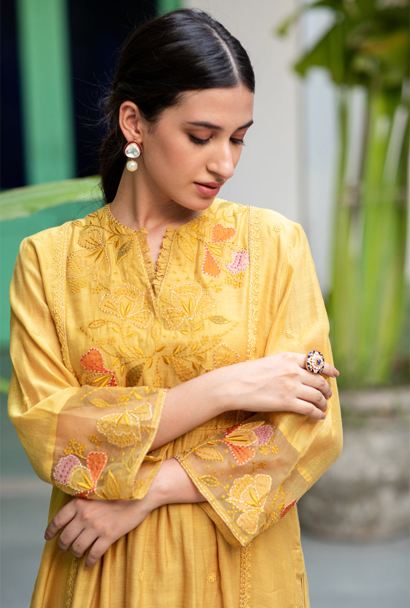 Yellow Applique Yoke Nazam Kurta Set