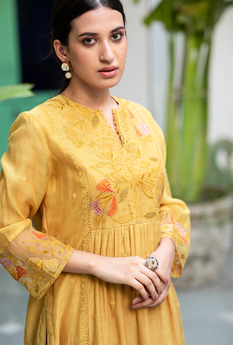 Yellow Applique Yoke Nazam Kurta Set