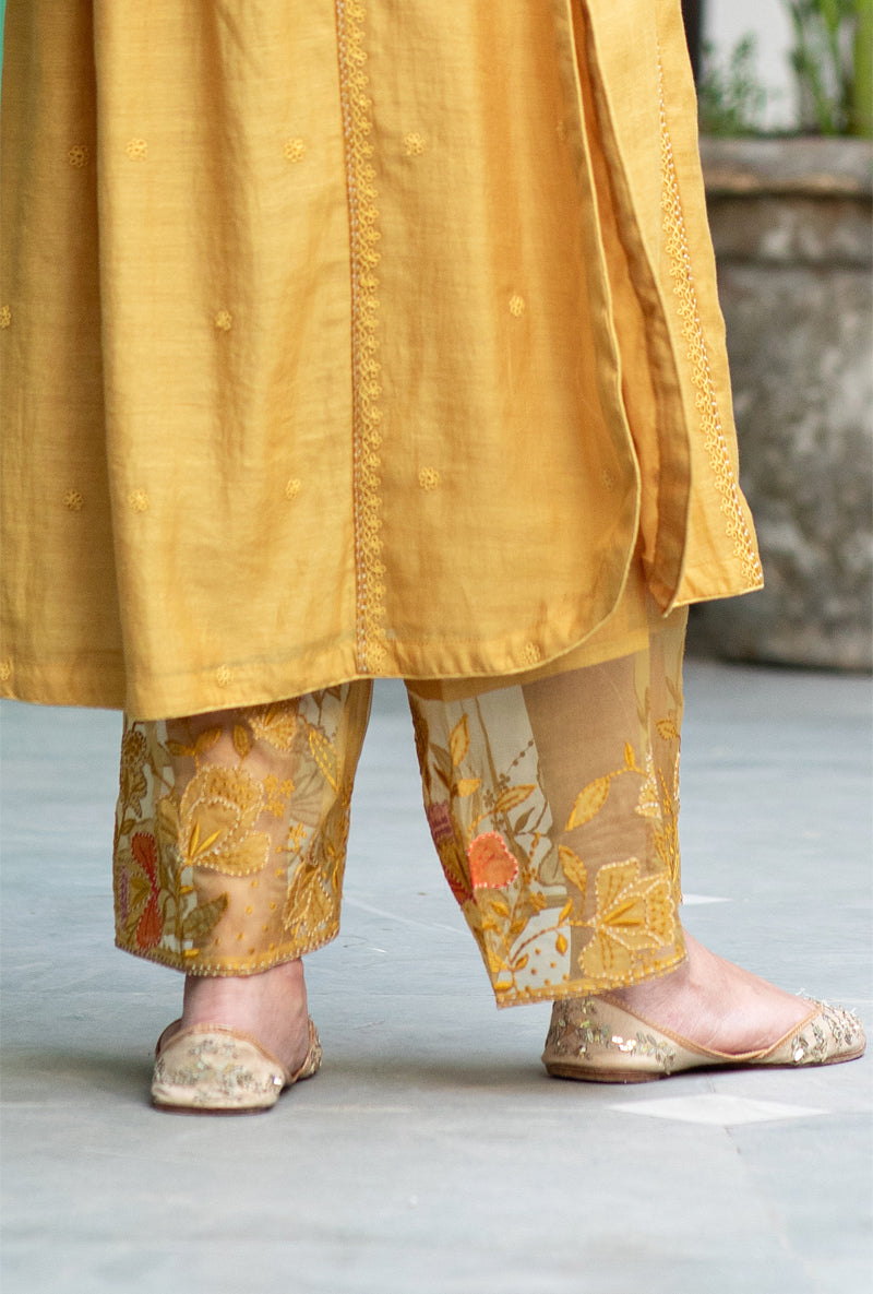 Yellow Applique Yoke Nazam Kurta Set