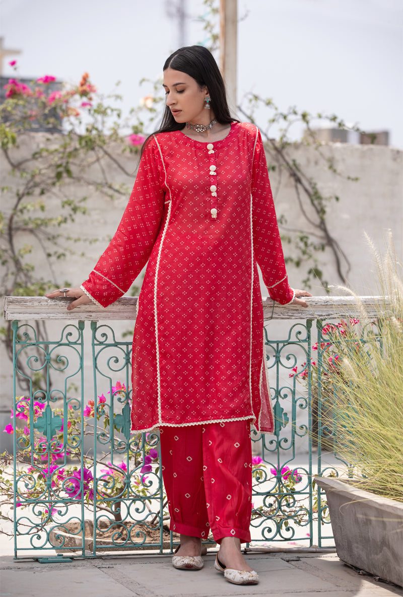 Coral Red Short Kurta With Pleated Salwar Nura Kurta Set