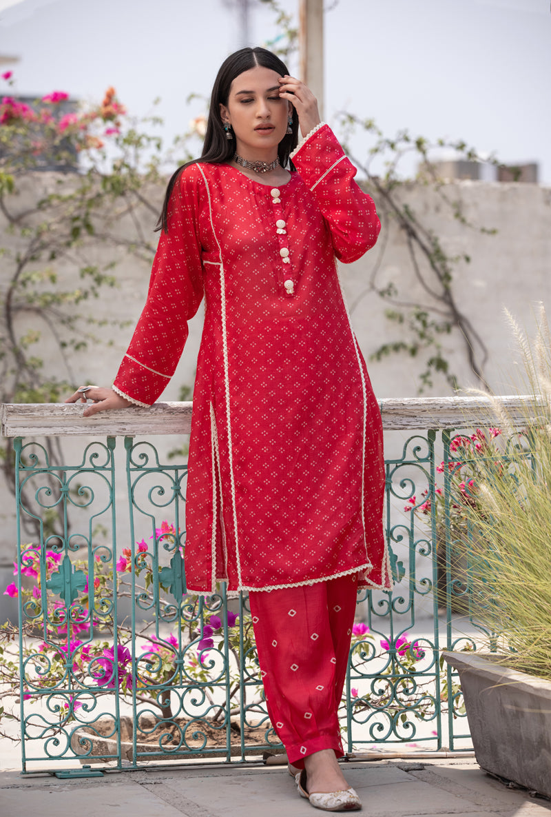 Coral Red Short Kurta With Pleated Salwar Nura Kurta Set