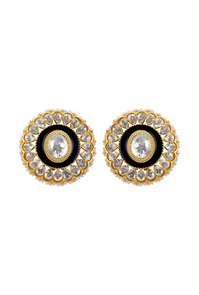 Gold Plated Silver Oval Polki Stud With Blue Enamel & Fresh Water Pearl Border