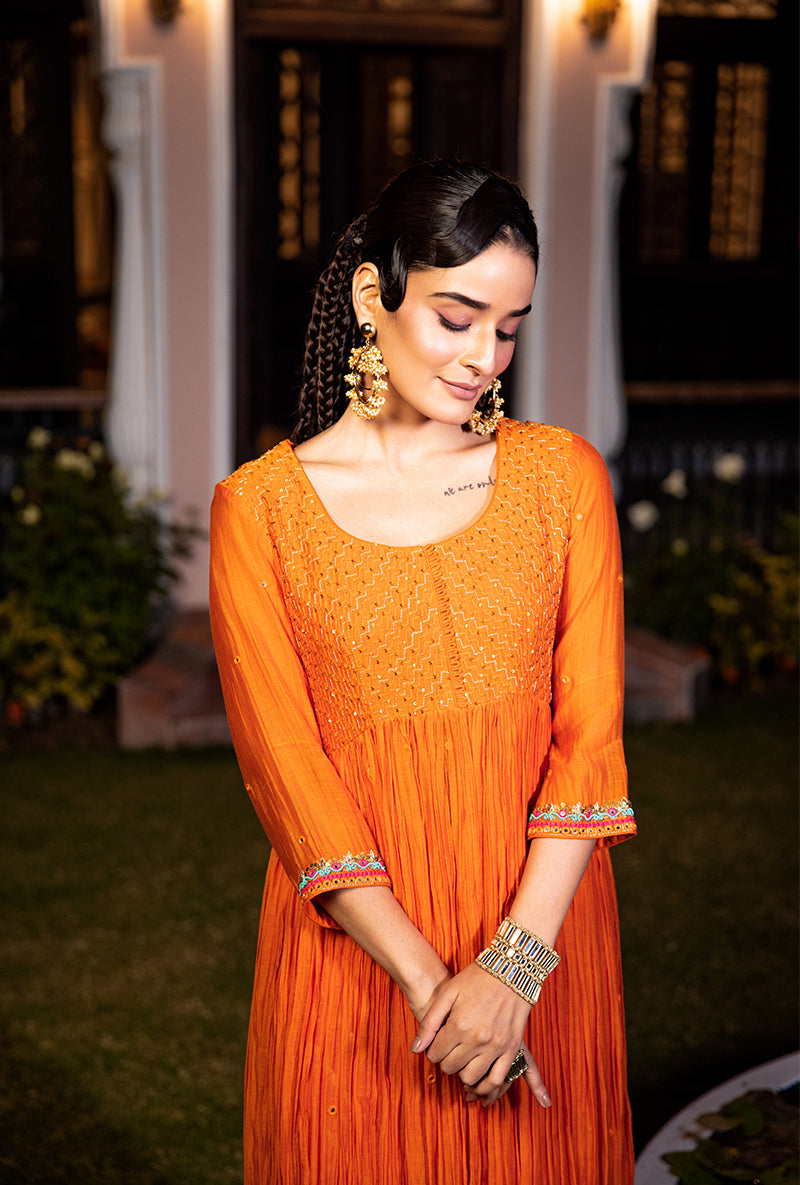 Orange Mirror And Pleats Roohi Kurta Set