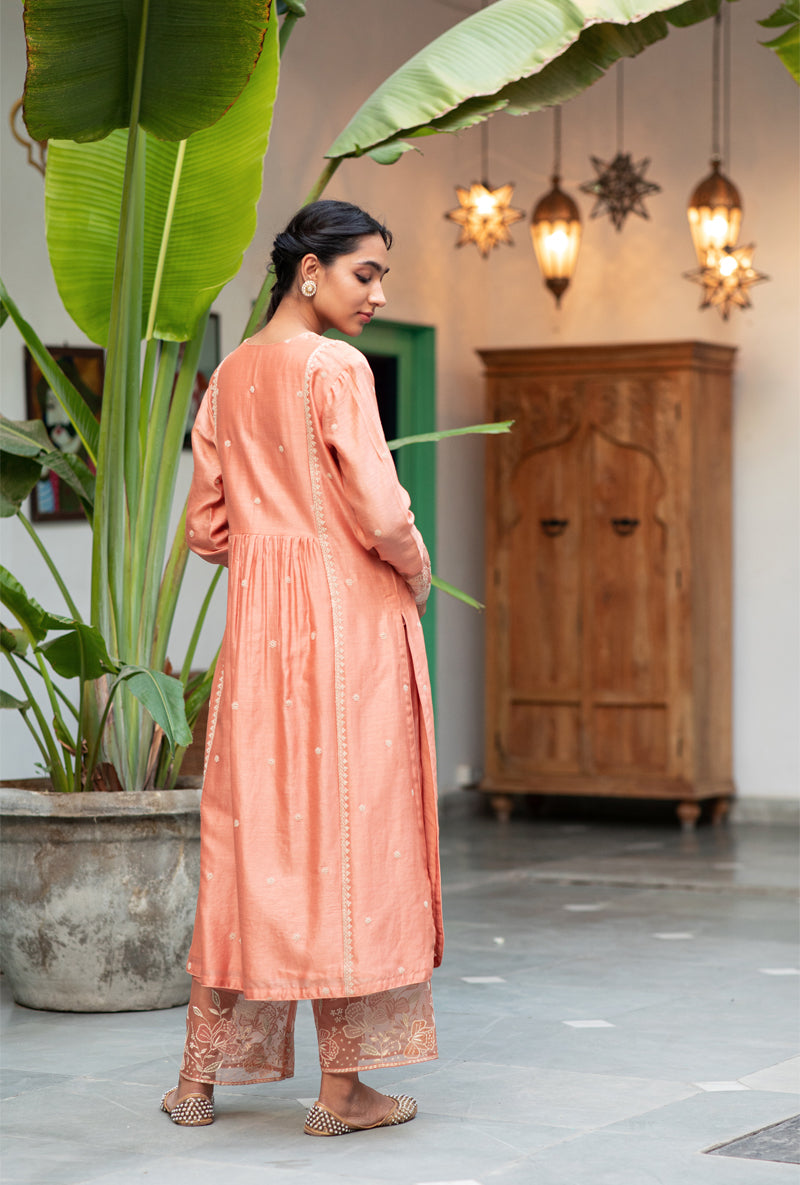 Peach Applique Yoke Nazam Kurta Set