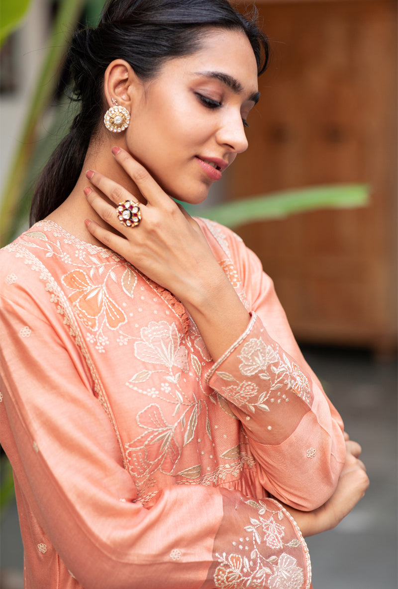 Peach Applique Yoke Nazam Kurta Set