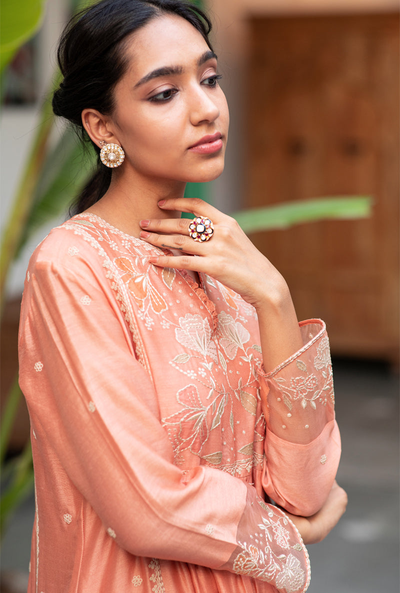 Peach Applique Yoke Nazam Kurta Set