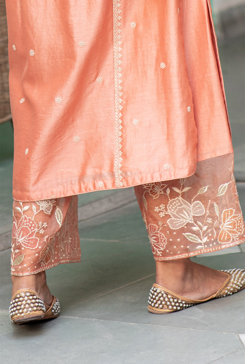 Peach Applique Yoke Nazam Kurta Set