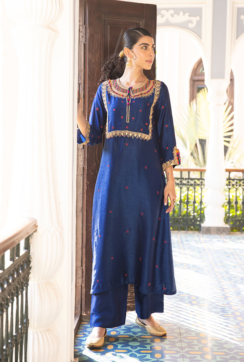 Blue Colorful Coin Square Neck Sunehri Kurta Set