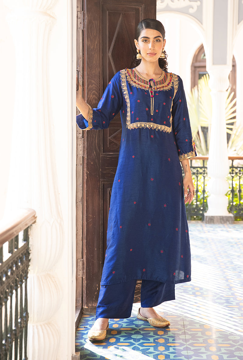 Blue Colorful Coin Square Neck Sunehri Kurta Set