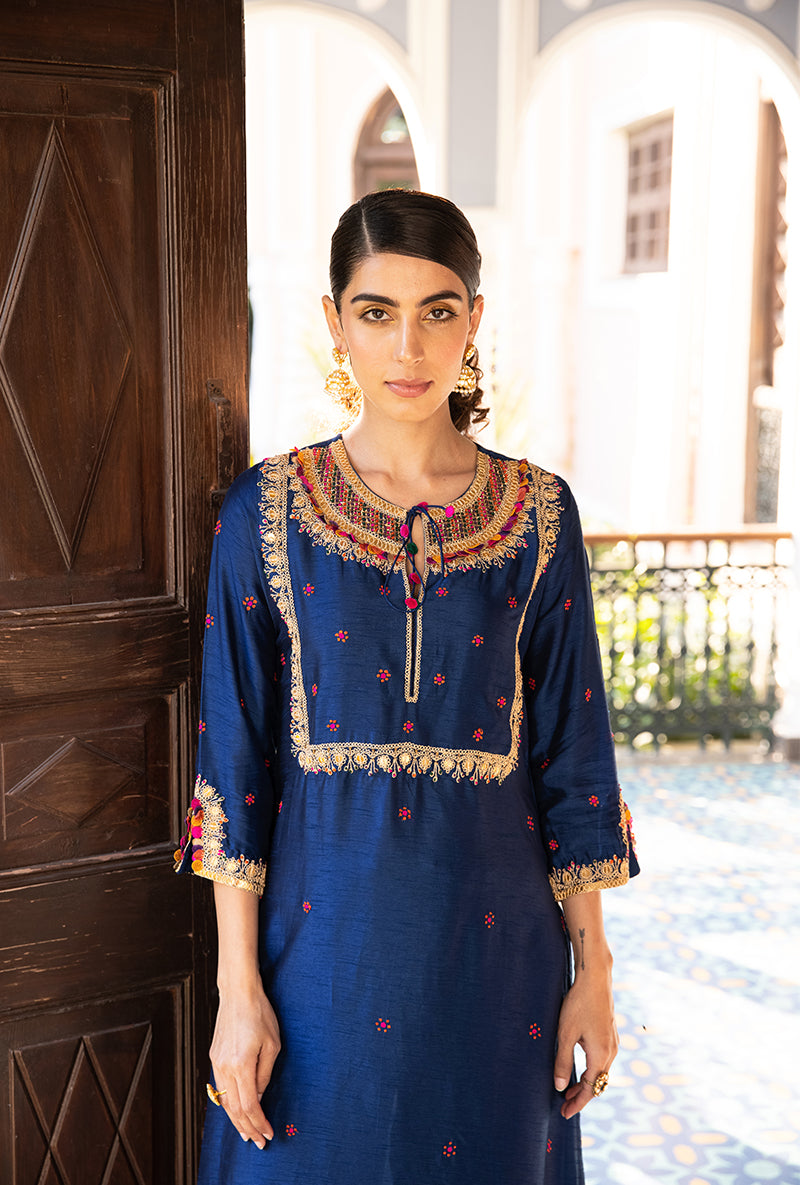 Blue Colorful Coin Square Neck Sunehri Kurta Set