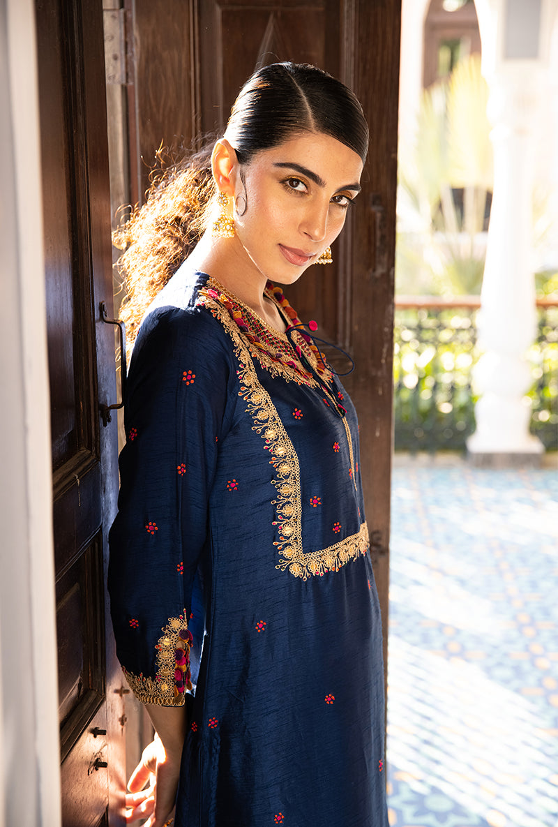 Blue Colorful Coin Square Neck Sunehri Kurta Set