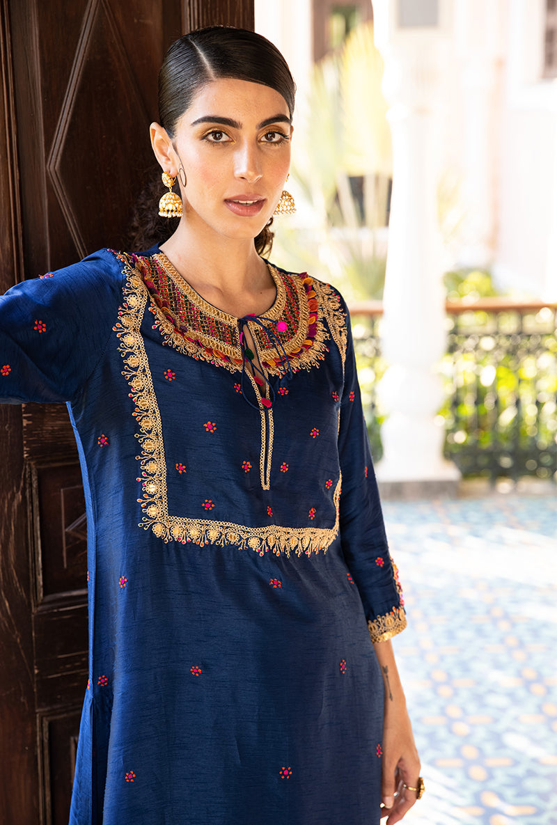 Blue Colorful Coin Square Neck Sunehri Kurta Set