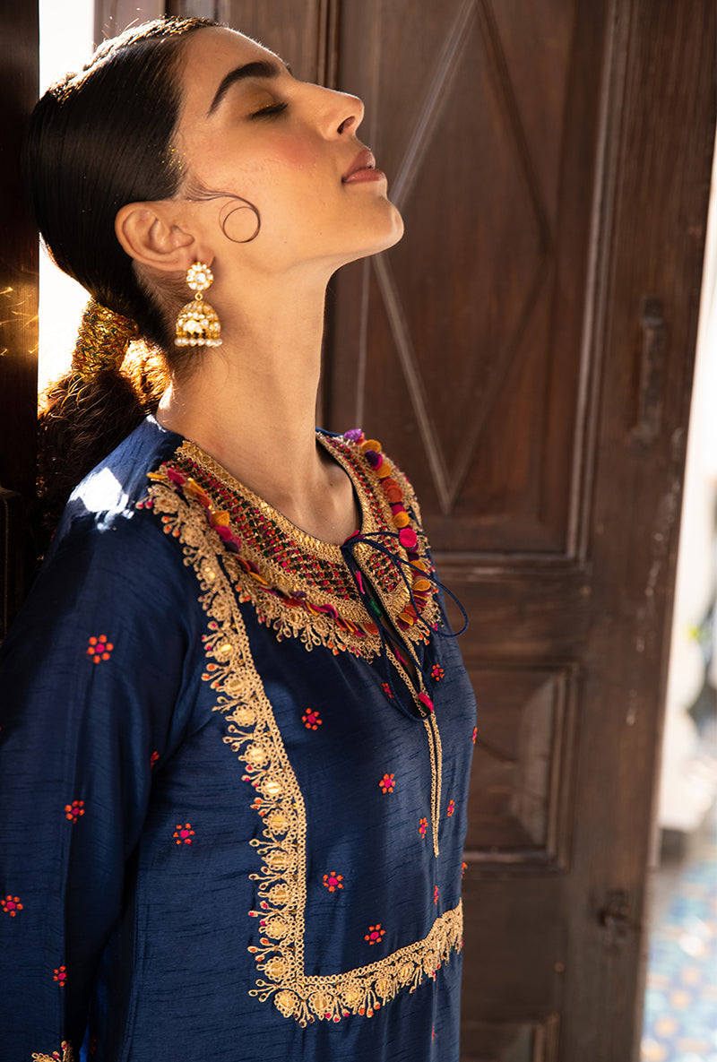 Blue Colorful Coin Square Neck Sunehri Kurta Set