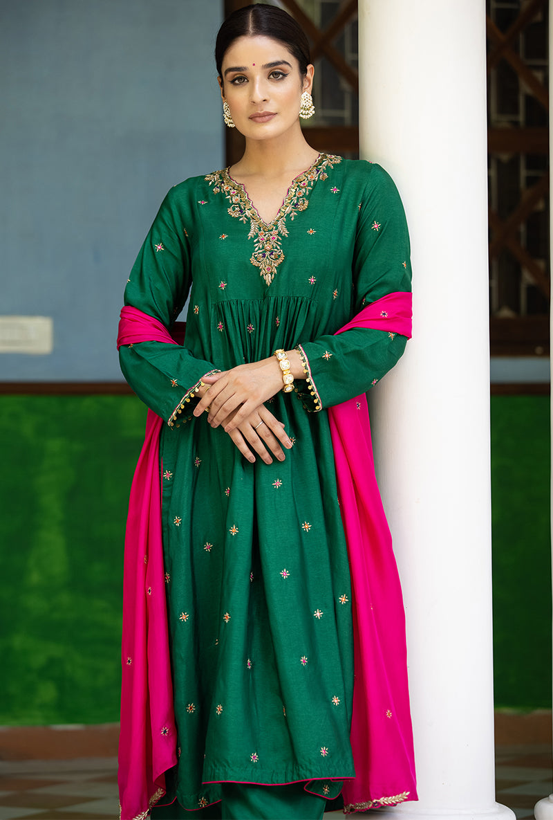 Green Zardozi Front Pleat Aayat Kurta Set