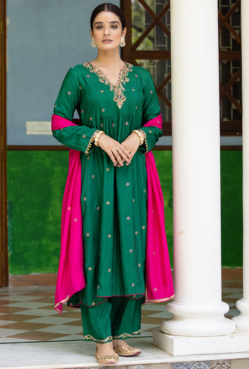 Green Zardozi Front Pleat Aayat Kurta Set