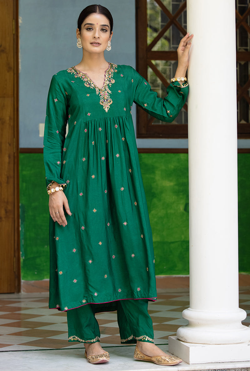 Green Zardozi Front Pleat Aayat Kurta Set